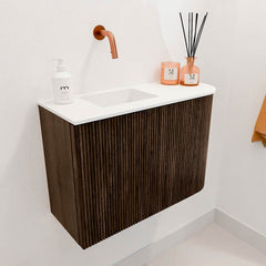JOYA 61,6cm toiletmeubel ronding rechts kleur Walnut. Wastafel FAYE positie Links Zonder kraangat kleur Talc.