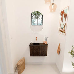 JOYA 61,6cm toiletmeubel ronding rechts kleur Walnut. Wastafel FAYE positie Links Zonder kraangat kleur Urban.