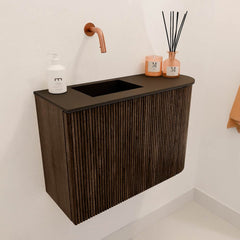 JOYA 61,6cm toiletmeubel ronding rechts kleur Walnut. Wastafel FAYE positie Links Zonder kraangat kleur Urban.