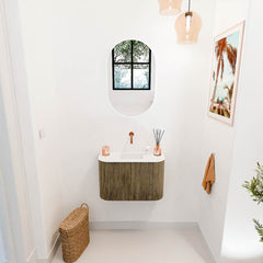 JOYA 63,2cm toiletmeubel ronding links + rechts kleur Dusk. Wastafel FAYE positie Midden Zonder kraangat kleur Talc.