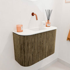 JOYA 63,2cm toiletmeubel ronding links + rechts kleur Dusk. Wastafel FAYE positie Midden Zonder kraangat kleur Talc.