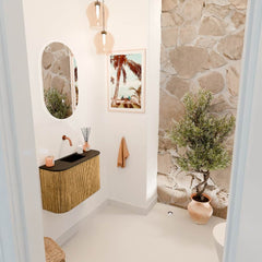 JOYA 63,2cm toiletmeubel ronding links + rechts kleur Oak. Wastafel FAYE positie Midden Zonder kraangat kleur Urban.