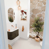 JOYA 63,2cm toiletmeubel ronding links + rechts kleur Shadow. Wastafel FAYE positie Midden Zonder kraangat kleur Talc.