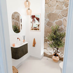 JOYA 63,2cm toiletmeubel ronding links + rechts kleur Shadow. Wastafel FAYE positie Midden Zonder kraangat kleur Talc.