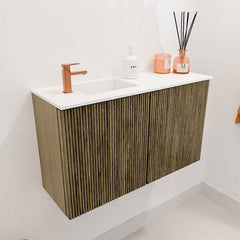 JOYA 70cm toiletmeubel kleur Dusk. Wastafel FAYE positie Links 1 kraangat kleur Talc.