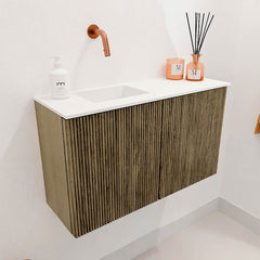 JOYA 70cm toiletmeubel kleur Dusk. Wastafel FAYE positie Links Zonder kraangat kleur Talc.