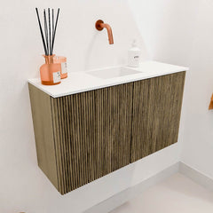 JOYA 70cm toiletmeubel kleur Dusk. Wastafel FAYE positie Midden Zonder kraangat kleur Talc.