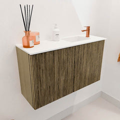 JOYA 70cm toiletmeubel kleur Dusk. Wastafel FAYE positie Rechts 1 kraangat kleur Talc.