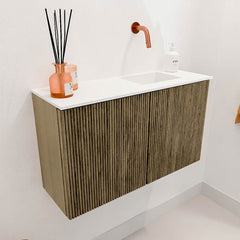 JOYA 70cm toiletmeubel kleur Dusk. Wastafel FAYE positie Rechts Zonder kraangat kleur Talc.