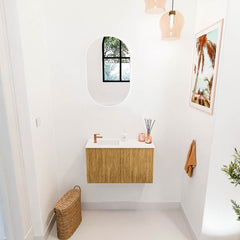 JOYA 70cm toiletmeubel kleur Oak. Wastafel FAYE positie Links 1 kraangat kleur Talc.