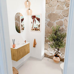 JOYA 70cm toiletmeubel kleur Oak. Wastafel FAYE positie Rechts 1 kraangat kleur Talc.