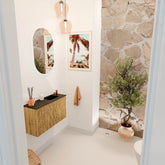 JOYA 70cm toiletmeubel kleur Oak. Wastafel FAYE positie Rechts 1 kraangat kleur Urban.