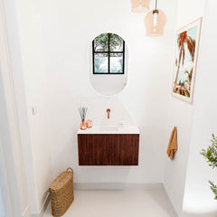 JOYA 70cm toiletmeubel kleur Ruby. Wastafel FAYE positie Midden Zonder kraangat kleur Talc.