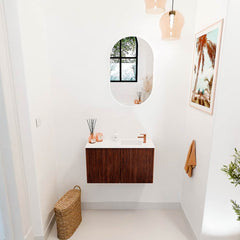 JOYA 70cm toiletmeubel kleur Ruby. Wastafel FAYE positie Rechts 1 kraangat kleur Talc.