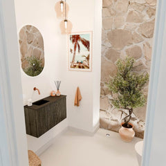 JOYA 70cm toiletmeubel kleur Shadow. Wastafel FAYE positie Links Zonder kraangat kleur Urban.