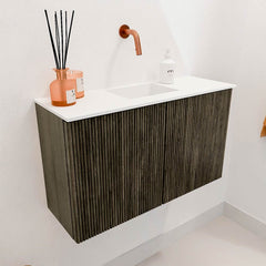 JOYA 70cm toiletmeubel kleur Shadow. Wastafel FAYE positie Midden Zonder kraangat kleur Talc.