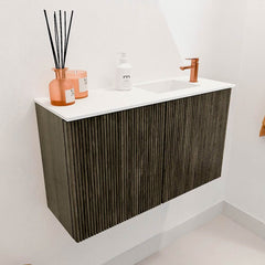 JOYA 70cm toiletmeubel kleur Shadow. Wastafel FAYE positie Rechts 1 kraangat kleur Talc.