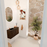 JOYA 70cm toiletmeubel kleur Walnut. Wastafel FAYE positie Links 1 kraangat kleur Urban.