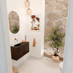 JOYA 70cm toiletmeubel kleur Walnut. Wastafel FAYE positie Links Zonder kraangat kleur Urban.