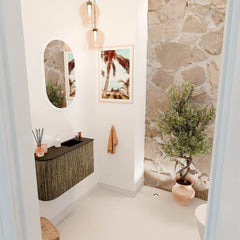 JOYA 71,6cm toiletmeubel ronding links kleur Dusk. Wastafel FAYE positie Rechts 1 kraangat kleur Urban.