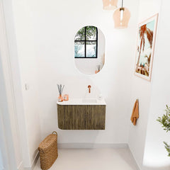 JOYA 71,6cm toiletmeubel ronding links kleur Dusk. Wastafel FAYE positie Rechts Zonder kraangat kleur Talc.