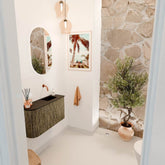 JOYA 71,6cm toiletmeubel ronding links kleur Dusk. Wastafel FAYE positie Rechts Zonder kraangat kleur Urban.