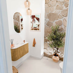 JOYA 71,6cm toiletmeubel ronding links kleur Oak. Wastafel FAYE positie Rechts 1 kraangat kleur Talc.