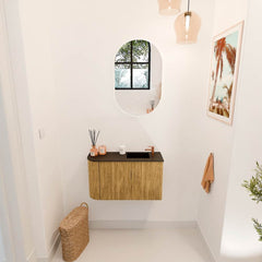 JOYA 71,6cm toiletmeubel ronding links kleur Oak. Wastafel FAYE positie Rechts 1 kraangat kleur Urban.