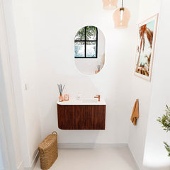 JOYA 71,6cm toiletmeubel ronding links kleur Ruby. Wastafel FAYE positie Rechts 1 kraangat kleur Talc.