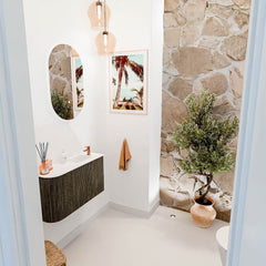 JOYA 71,6cm toiletmeubel ronding links kleur Shadow. Wastafel FAYE positie Rechts 1 kraangat kleur Talc.