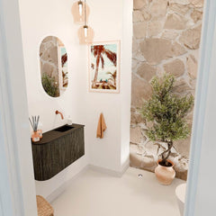 JOYA 71,6cm toiletmeubel ronding links kleur Shadow. Wastafel FAYE positie Rechts Zonder kraangat kleur Urban.