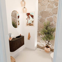 JOYA 71,6cm toiletmeubel ronding links kleur Walnut. Wastafel FAYE positie Rechts 1 kraangat kleur Urban.