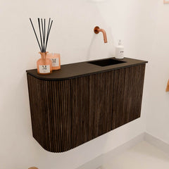 JOYA 71,6cm toiletmeubel ronding links kleur Walnut. Wastafel FAYE positie Rechts Zonder kraangat kleur Urban.