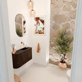 JOYA 71,6cm toiletmeubel ronding links kleur Walnut. Wastafel FAYE positie Rechts Zonder kraangat kleur Urban.