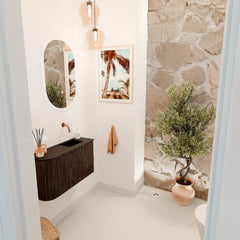 JOYA 71,6cm toiletmeubel ronding links kleur Walnut. Wastafel FAYE positie Rechts Zonder kraangat kleur Urban.