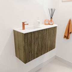 JOYA 71,6cm toiletmeubel ronding rechts kleur Dusk. Wastafel FAYE positie Links 1 kraangat kleur Talc.