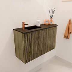 JOYA 71,6cm toiletmeubel ronding rechts kleur Dusk. Wastafel FAYE positie Links 1 kraangat kleur Urban.