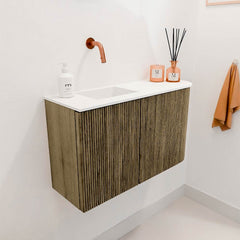 JOYA 71,6cm toiletmeubel ronding rechts kleur Dusk. Wastafel FAYE positie Links Zonder kraangat kleur Talc.