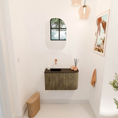 JOYA 71,6cm toiletmeubel ronding rechts kleur Dusk. Wastafel FAYE positie Links Zonder kraangat kleur Urban.