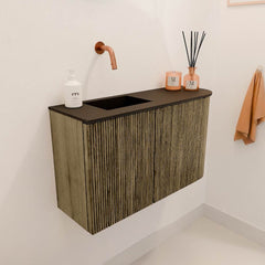 JOYA 71,6cm toiletmeubel ronding rechts kleur Dusk. Wastafel FAYE positie Links Zonder kraangat kleur Urban.