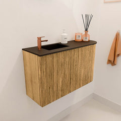 JOYA 71,6cm toiletmeubel ronding rechts kleur Oak. Wastafel FAYE positie Links 1 kraangat kleur Urban.