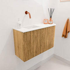 JOYA 71,6cm toiletmeubel ronding rechts kleur Oak. Wastafel FAYE positie Links Zonder kraangat kleur Talc.