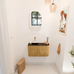 JOYA 71,6cm toiletmeubel ronding rechts kleur Oak. Wastafel FAYE positie Links Zonder kraangat kleur Urban.