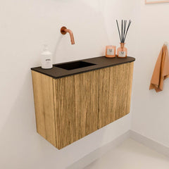 JOYA 71,6cm toiletmeubel ronding rechts kleur Oak. Wastafel FAYE positie Links Zonder kraangat kleur Urban.