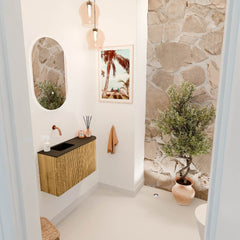 JOYA 71,6cm toiletmeubel ronding rechts kleur Oak. Wastafel FAYE positie Links Zonder kraangat kleur Urban.