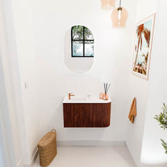 JOYA 71,6cm toiletmeubel ronding rechts kleur Ruby. Wastafel FAYE positie Links 1 kraangat kleur Talc.