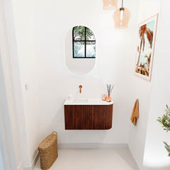 JOYA 71,6cm toiletmeubel ronding rechts kleur Ruby. Wastafel FAYE positie Links Zonder kraangat kleur Talc.