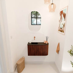 JOYA 71,6cm toiletmeubel ronding rechts kleur Ruby. Wastafel FAYE positie Links Zonder kraangat kleur Urban.