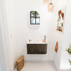 JOYA 71,6cm toiletmeubel ronding rechts kleur Shadow. Wastafel FAYE positie Links 1 kraangat kleur Talc.