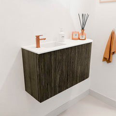 JOYA 71,6cm toiletmeubel ronding rechts kleur Shadow. Wastafel FAYE positie Links 1 kraangat kleur Talc.